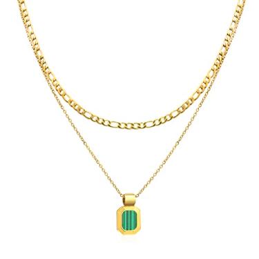 Imagem de Rockyu Colar feminino de aço inoxidável dourado ajustável com pingente verde 40-50 cm comprimento 7,5 g joia elegante para presente de aniversário