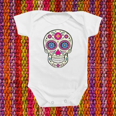 Imagem de Roupinha Body de Bebê Caveira Mexicana Menina Rosa Temático Presente D