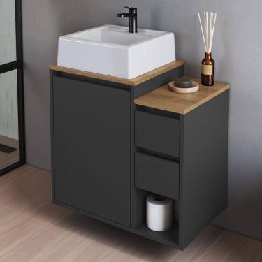 Imagem de Balcão Gabinete de Banheiro Suspenso 60 Bahamas 1 Porta e 2 Gavetas com Cuba Grafite