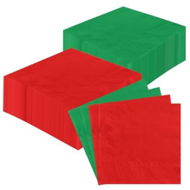 Imagem de 100 peças de guardanapos de coquetel de papel de Natal vermelho e verde toalhas de mão absorventes descartáveis de Natal guardanapos de hóspedes de cor sólida para feliz Natal feriado almoço jantar