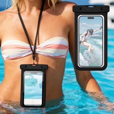 Imagem de Bolsa de telefone universal à prova d'água com cordão flutuante bolsa seca para natação, snorkel, rafting, praia, caiaque, preta