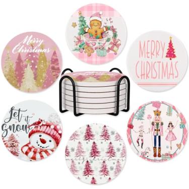 Imagem de 6 peças de porta-copos rosa de Natal com suporte, quebra-nozes fofo homem de gengibre árvore de Natal boneco de neve porta-copos de cerâmica para decoração de mesa de festa de Natal em casa