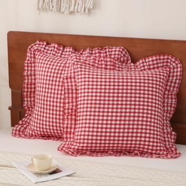 Imagem de YHJWW Capas de almofada europeias de guingão vermelho 100% algodão lavado como linho, sensação macia, confortável, xadrez, decorativa, conjunto de 2 capas para cama de sofá (66 x 66 cm, fecho de