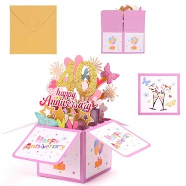 Imagem de Penitue Cartão Pop-Up de 40º Aniversário, Fogos de Artifício Coloridos em Forma Coração e Borboleta Cartões Aniversário 3D com Cartão Comemorativo e Envelope Cartões Pop-Up para Esposa Marido Casal