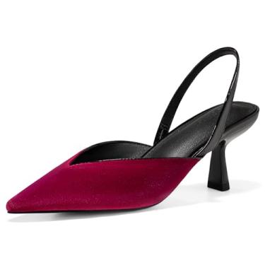 Imagem de Coutgo Sapato social feminino com salto gatinho fechado bico fino sem cadarço para festa, veludo cotelê vermelho, 36