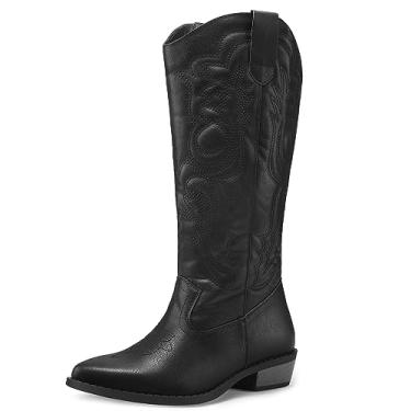 Imagem de mysoft Botas femininas caubói cano médio vaqueira bordada, bico fino, salto grosso, sem cadarço, cano alto, Preto, 36 BR
