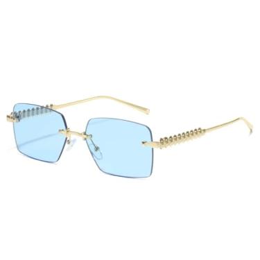 Imagem de HCHES Óculos de Sol Femininos Sem Aro com Armação Metálica, Rebites e Lentes Afiladas, Proteção UV400 (Legenda Azul)