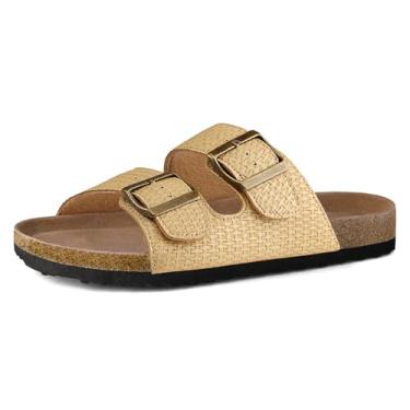 Imagem de mysoft Sandália rasteira feminina de cortiça com 2 tiras com fivela ajustável para o verão com sapatos confortáveis, Raffia, 41