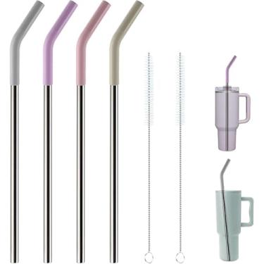 Imagem de Canudos para copos de 1,134 g, canudo de metal reutilizável para copo Stanley de 1,134 g, pacote com 4 canudos de aço inoxidável extralongos de 30 cm com pontas de silicone e escova de limpeza