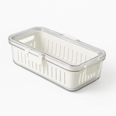 Imagem de Organizador de Alimentos com Tampa Transparente, Recipiente Plástico para Geladeira, Cesto Retangular com Dreno, Branco