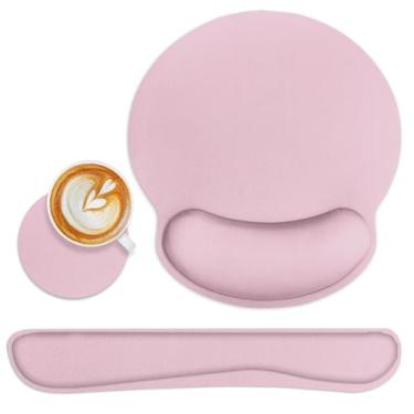 Imagem de Britimes Conjunto de mouse pad ergonômico rosa com descanso de pulso rosa base de borracha antiderrapante suporte de almofada de pulso e porta-copos mousepad com suporte de pulso para teclado de