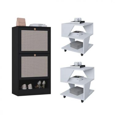 Imagem de Kit Sapateira 2 Portas E 2 Mesas De Cabeceira-centro Poquema Branco-preto