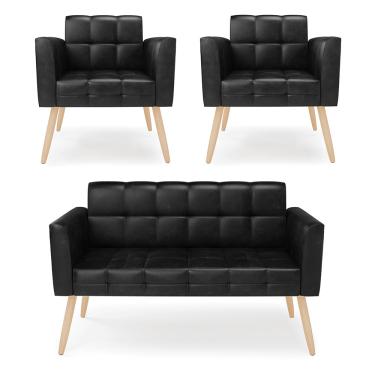 Imagem de Kit 1 Sofá Namoradeira e 2 Poltronas Elisa Corano Preto Pés Palito Natural D03 - D'Rossi
