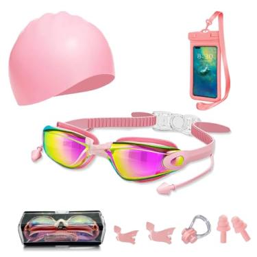 Imagem de Óculos de natação óculos de natação sem vazamento com clipe de nariz, tampões de ouvido, touca de natação e capa, capa impermeável para celular (rosa)