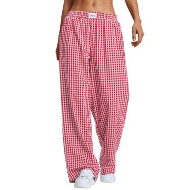 Imagem de Calças Pijama Lounge LOMON Gingham de algodão xadrez para mulheres
