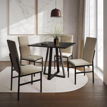 Imagem de Conjunto De Jantar Mesa Mônaco Premium 90cm Preta Com 4 Cadeiras Estofadas Bege Preto