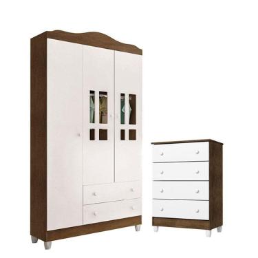 Imagem de Cômoda Gaveteiro E Guarda Roupa Ariel Branco Acetinado Amadeirado - Carolina
