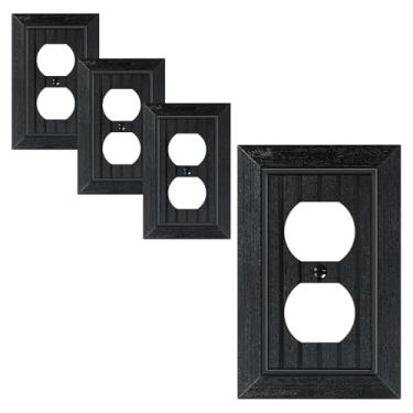 Imagem de Pacote com 4 placas clássicas para tomada frente e verso, placas decorativas de policarbonato inquebrável e tampas de tomada, placas de parede pretas foscas para tomadas elétricas, 1 capa de