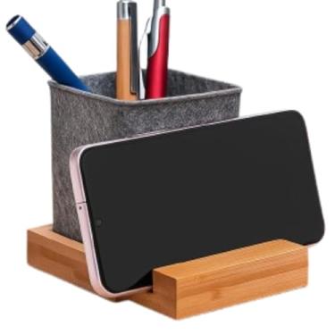 Imagem de Porta-Lápis e Celular em Feltro com Base de Bambu Organizador de Mesa Escritório Home Office