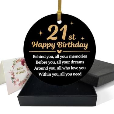 Imagem de REWIDPARTY Enfeites engraçados de aniversário de 21 anos - Feliz aniversário de 21 anos - Enfeite redondo de cerâmica de 7,6 cm com fita dourada, caixa de presente - decoração de árvore de Natal