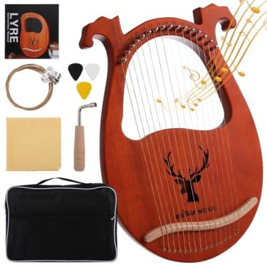 Imagem de Harpa de lira de mogno de 16 cordas, design de chifre esculpido à mão, instrumento musical portátil para iniciantes, inclui acessórios e bolsa de transporte