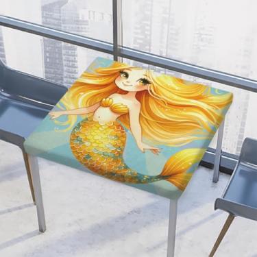 Imagem de hongjinglin Toalha de mesa quadrada para uso ao ar livre com borda elástica, toalha de mesa quadrada limpável dourada para decoração de cozinha de 86 x 86 cm