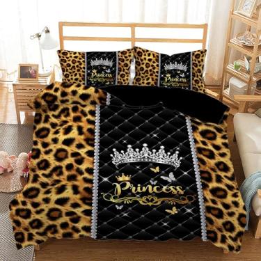 Imagem de AILONEN K & Q Conjunto de capa de edredom com estampa de leopardo tamanho Queen, capa de edredom com coroa de princesa com 2 fronhas, 3 peças macias e respiráveis