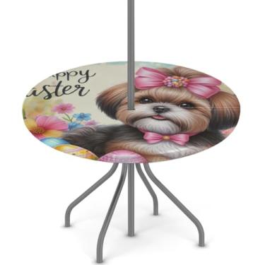 Imagem de hongjinglin Toalha de mesa de Páscoa para uso ao ar livre com orifício para guarda-chuva, toalha de mesa redonda elástica com zíper, impermeável, limpável, para piquenique, festa, pátio, serve para