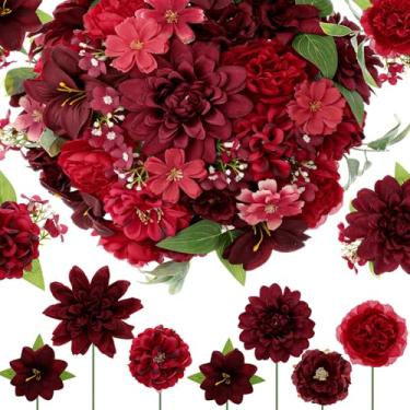 Imagem de Janinka 100 cabeças de flores falsas sortidas com haste longa, mini flor artificial a granel, margarida sintética de seda para artesanato, rosa peônia falsa para decoração de casa (vermelho)