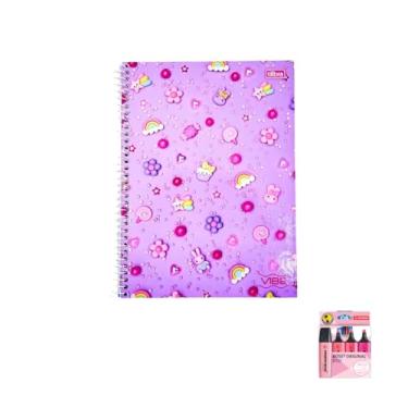 Imagem de Kit Caderno Universitário Vibe Feminino 10M 160F Tilibra + Caneta Esferográfica Spiro 0.7mm + Marca Texto Boss 4 Cores