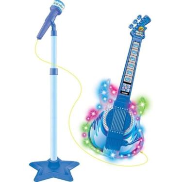 Imagem de GUITARRA E MICROFONE INFANTIL COM PEDESTAL BRINQUEDO MUSICAL COM LUZ, SOM E CONEXÃO PARA CELULAR KIT KARAOKÊ EDUCATIVO | THAINA STORE (Azul)