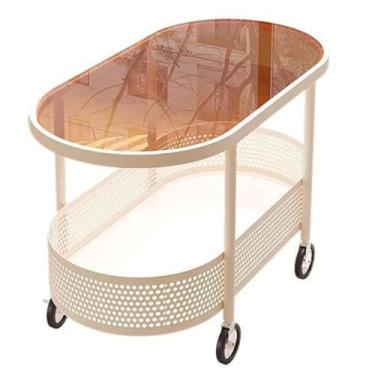 Imagem de Yadlan Mesa de centro moderna com rodas, mesas laterais ovais de armazenamento, mesa de canto para sala de estar com cesta de armazenamento e moldura de metal, mesa central de metal para sala de estar
