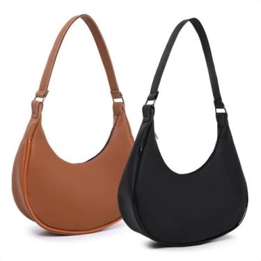 Imagem de kit 2 Bolsas Feminina Meia Lua, Pequena, Tecido Leve, 20x24x4 cm, Ideal para Festas e Uso Diário, Compartimento para Celular, Chaves e Maquiagem (Marrom e Preto)