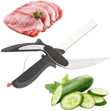 Imagem de Tesoura Faca 2 em 1 Multiuso – Fatiador de Legumes e Frutas com Lâmina Inox, Cabo Ergonômico e Trava de Segurança – Corte Rápido e Prático para Cozinha