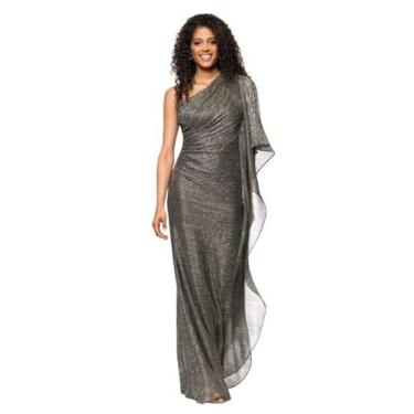 Imagem de Betsy & Adam Vestido feminino de malha metálica de um ombro só, drapeado, comprimento até o chão, Preto/ouro/prata, 46
