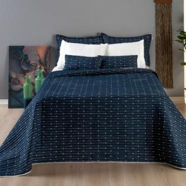 Imagem de Hipercal Jogo de Cama Premium, 7 Peças, Azul Marinho com Listras e Bolinhas, 400 Fios, Tamanho Casal Urban (azul marinho, King)