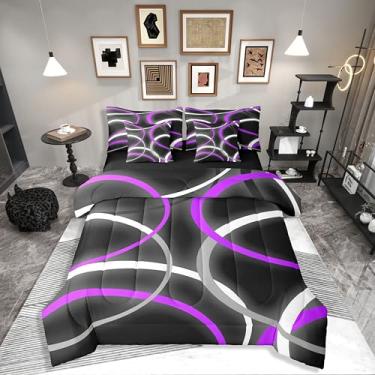 Imagem de Erosebridal Conjunto de edredom Queen com círculo roxo abstrato preto e branco, 7 peças | Redemoinhos geométricos em uma bolsa, conjunto de cama vintage para crianças, adultos, mulheres, listras