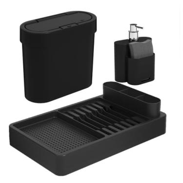 Imagem de Kit Lixeira 2,8L Escorredor Louças Dispenser Porta Detergente Pia Cozinha Flat - Coza - Preto
