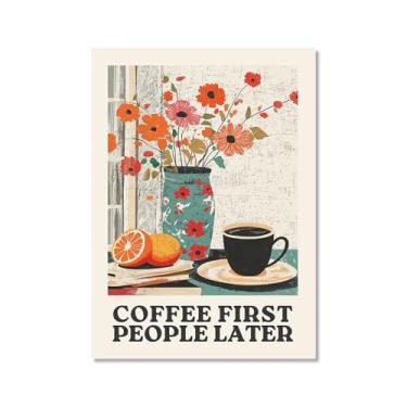Imagem de Coffee First People Later Poster Retro Coffee Wall Art Trendy Flower Print Minimalista Vintage Floral Para Sala de Jantar Cozinha Decoração de Parede (SKU1,50.8x71.1 cm =(50x70cm), Sem moldura)