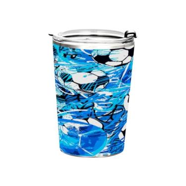 Imagem de STAYTOP Copo colorido de aço inoxidável de futebol 368 g, copo de café isolado com tampa e canudo, caneca de café de viagem de parede dupla para bebidas quentes e frias