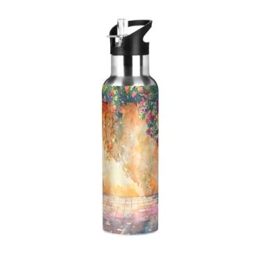 Imagem de Wassud Garrafa de água esportiva de aço inoxidável com garrafas de água isoladas com canudo copo de flores portátil de verão 623 g