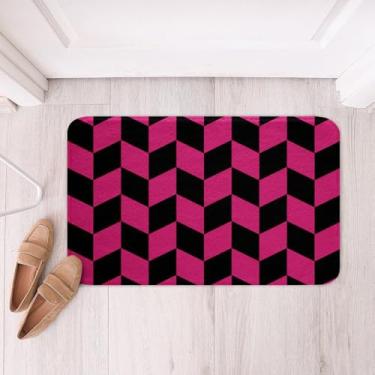 Imagem de Feelyou Tapetes de banheiro rosa choque e preto tapetes de banheiro geométricos modernos microfibra abstrato quadriculado acessórios de banheiro capacho antiderrapante 51 x 81 cm macio