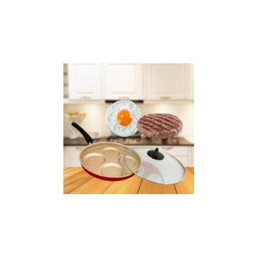 Imagem de Frigideira Antiaderente 4 em 1 com Tampa de Vidro, Alumínio, 28cm Diâmetro, Vermelho Cereja, Multiuso com 4 Divisórias