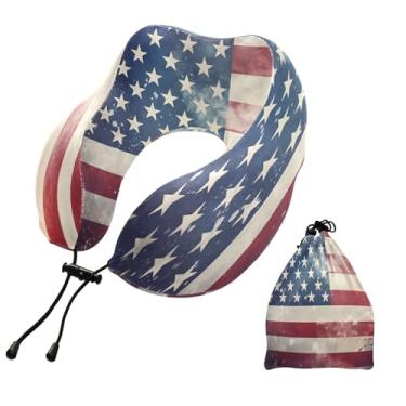 Imagem de CEBUGI Travesseiros de viagem portáteis em forma de U, travesseiro de pescoço de espuma viscoelástica com trava de corda ajustável para avião, viagem, trem, negócios, escritório, soneca (bandeira