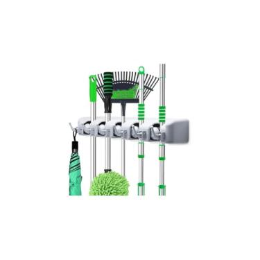 Imagem de Suporte Multiuso para Vassoura e Rodo, 6 Ganchos, 40x6x7cm, Capacidade 8kg, Inclui Buchas e Parafusos, Organizador para Cozinha e Lavanderia