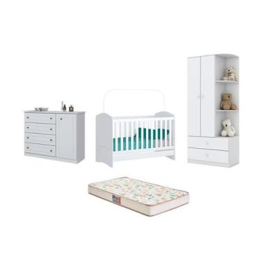 Imagem de Berço Bala de Menta e Cômoda Americano e Guarda Roupa Labirinto Branco
