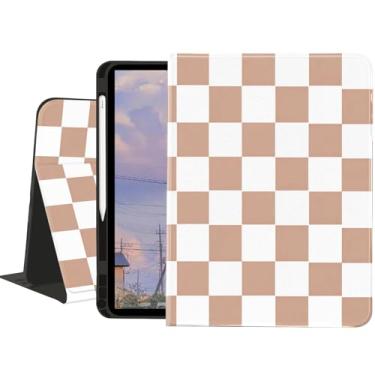 Imagem de Capa quadriculada para iPad 9ª/8ª/7ª geração 10,2 polegadas 2021/2020/2019, capa fólio texturizada xadrez marrom com suporte para lápis, visão multiangular, suporte ajustável, despertar/hibernar