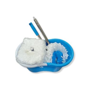 Imagem de Balde Giratório Cesto Inox com 2 Refil Microfibra Spin Mop 360 Completo Cabo com Base e Esfregão Branco