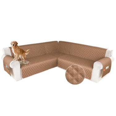 Imagem de HDCAXKJ Capa de sofá secional à prova d'água em forma de L, capas de canto laváveis, à prova de animais de estimação, protetor de móveis em forma de U com tiras antiderrapantes atualizadas (café