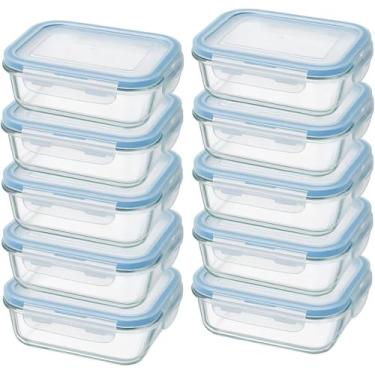 Imagem de Kit 10 Potes Herméticos Retangulares de Vidro com Tampa Azul, 640ml, para Armazenamento de Alimentos e Organização